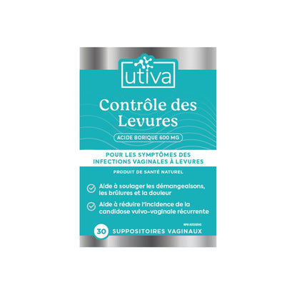 Product label for UTIVA Yeast Control Vaginal Suppositories (30 count) in French