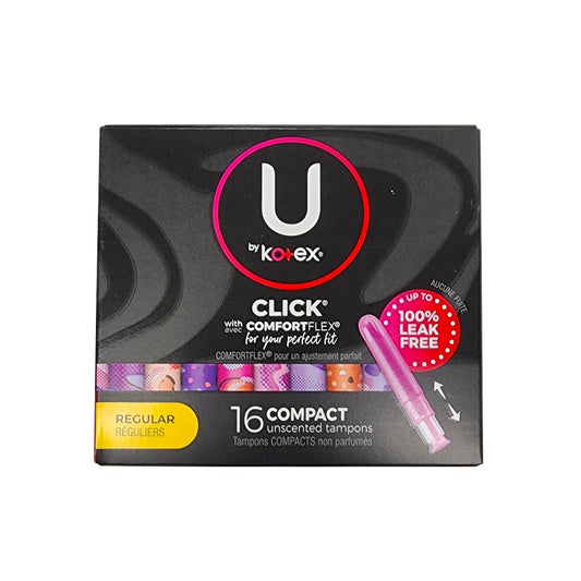 Product label for U by Kotex Click with ComfortFlex Regular Tampons (16 count)