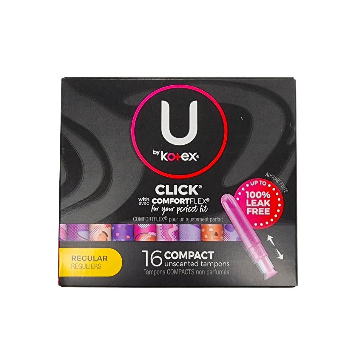 Product label for U by Kotex Click with ComfortFlex Regular Tampons (16 count)