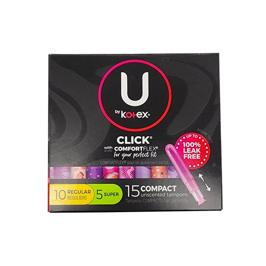 Product label for U by Kotex Click with ComfortFlex Regular and Super Tampons (15 count)