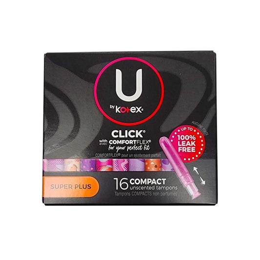 Product label for U by Kotex Click with ComfortFlex Super Plus Tampons (16 count)Product label for U by Kotex Click with ComfortFlex Super Plus Tampons (16 count)