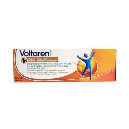 Product label for Voltaren Emulgel Back and Muscle Pain (100 grams)