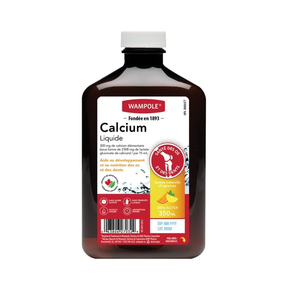 Product Label for Wampole Calcium 500mg Liquid Citrus Flavour (350 mL) in French
