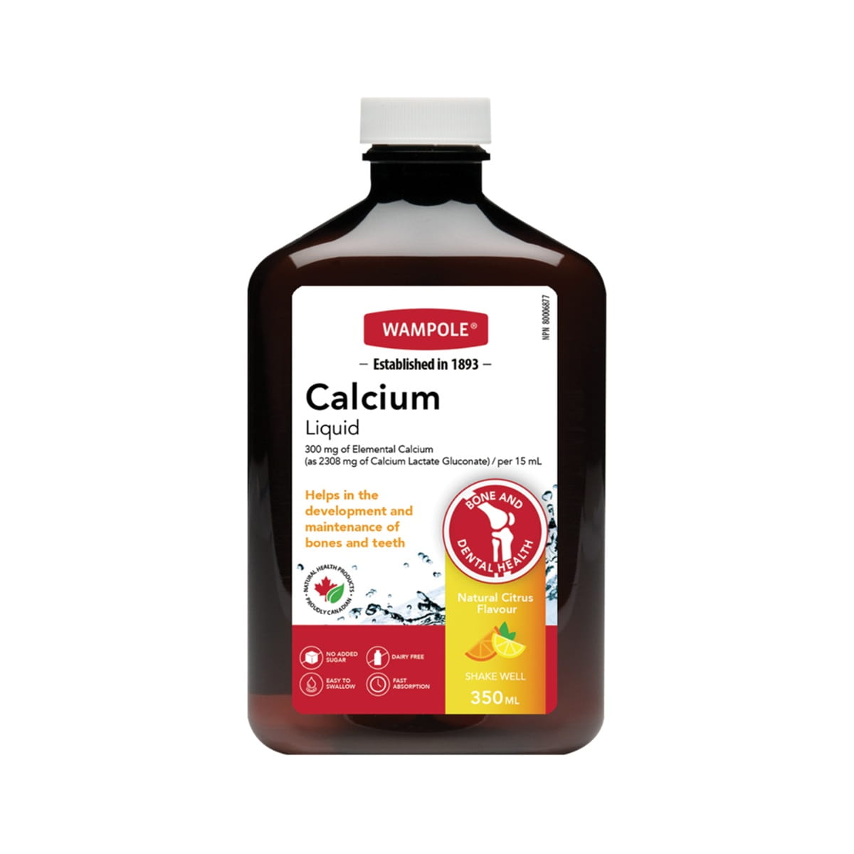 Product label for Wampole Calcium 500mg Liquid Citrus Flavour (350 mL) in English