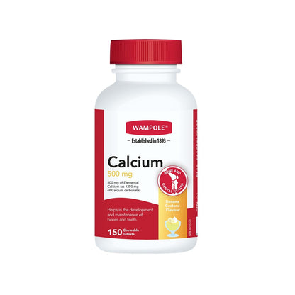 Product label for Wampole Calcium Carbonate 500mg Banana Custard Chewables (150 tablets) in English
