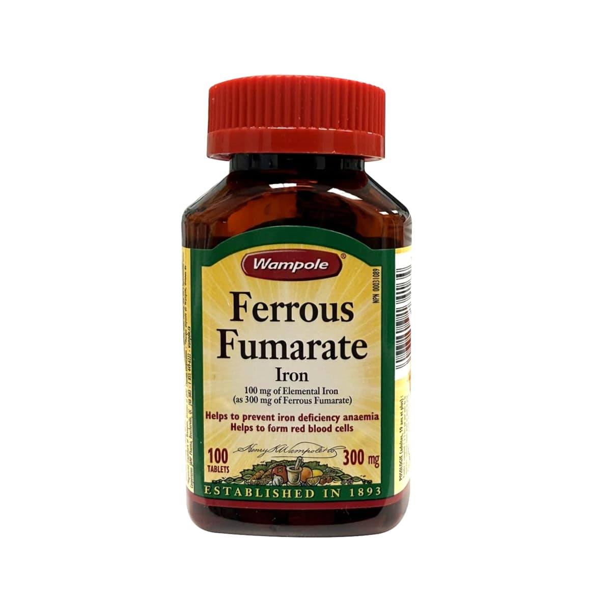 Product label for Wampole Ferrous Fumarate 300mg (100 Tablets) in English