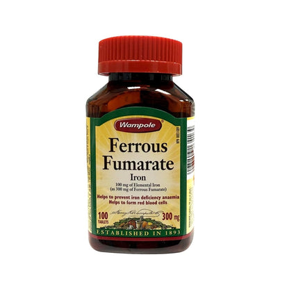 Product label for Wampole Ferrous Fumarate 300mg (100 Tablets) in English