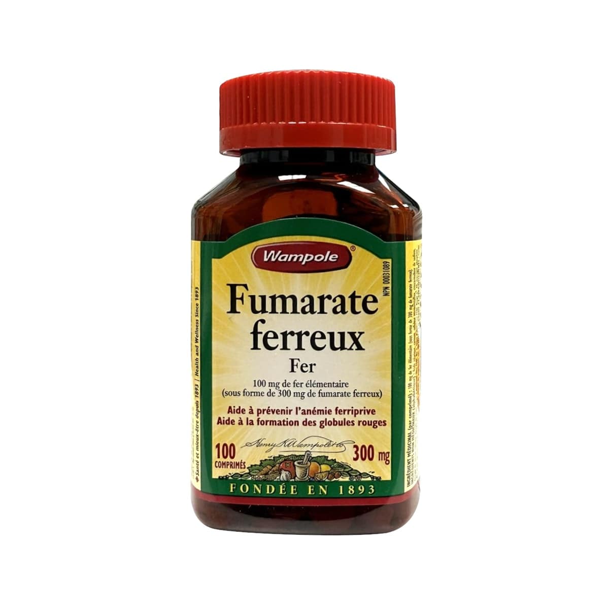 Product label for Wampole Ferrous Fumarate 300mg (100 Tablets) in French