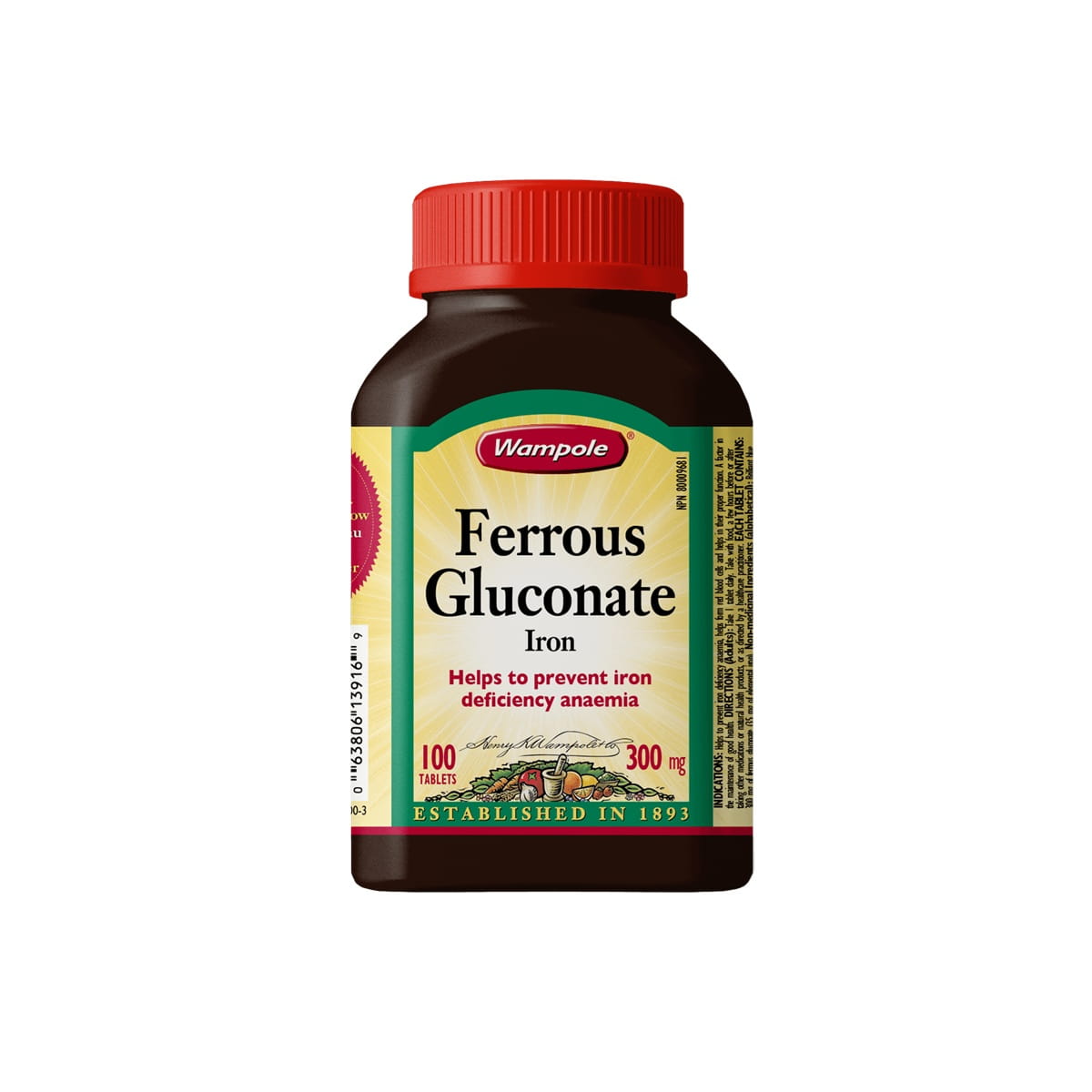 Bottle for Wampole Ferrous Gluconate 300mg (100 Tablets) in English