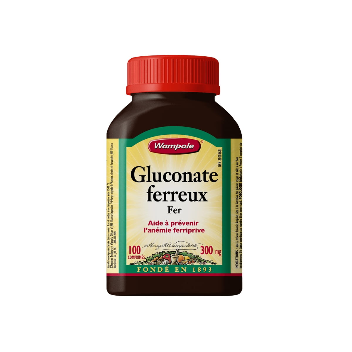 Bottle for Wampole Ferrous Gluconate 300mg (100 Tablets) in French