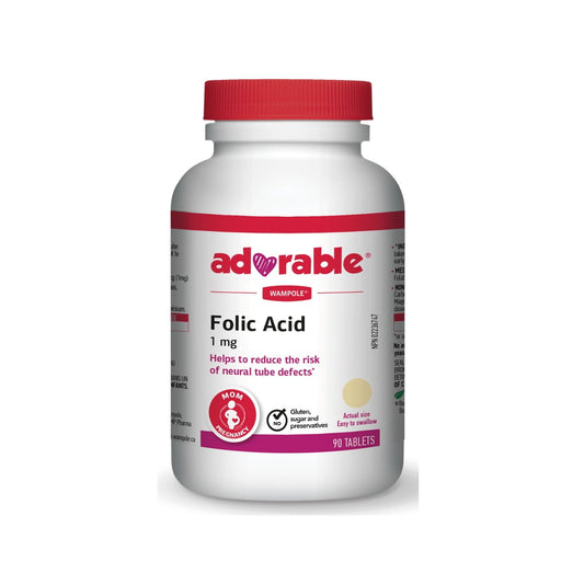 Product label for Wampole Folic Acid 1 mg Tablets (90 tablets) in English