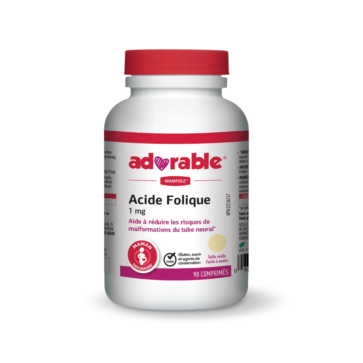 Product label for Wampole Folic Acid 1 mg Tablets (90 tablets) in French