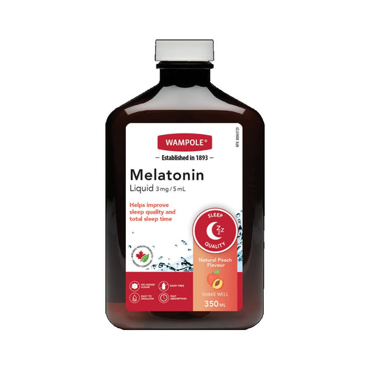 Product label for Wampole Melatonin 3mg/5mL Liquid (350 mL) in English