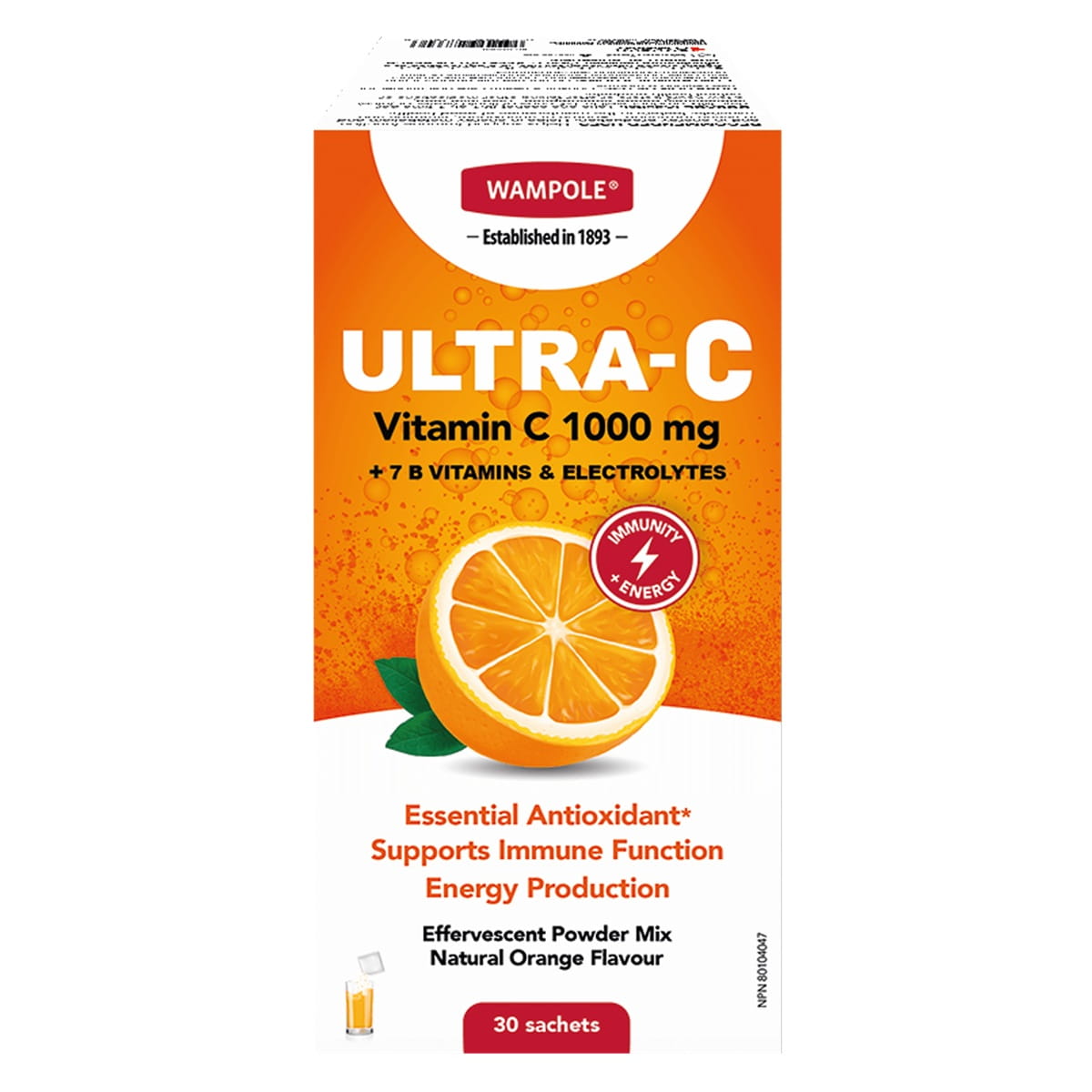 Product label for Wampole Ultra-C 1000 mg Vitamin C Effervescent Powder (30 sachets) EN