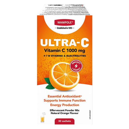 Product label for Wampole Ultra-C 1000 mg Vitamin C Effervescent Powder (30 sachets) EN