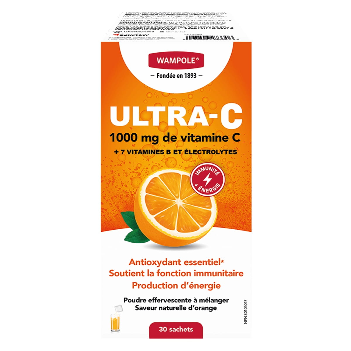 Product label for Wampole Ultra-C 1000 mg Vitamin C Effervescent Powder (30 sachets) FR