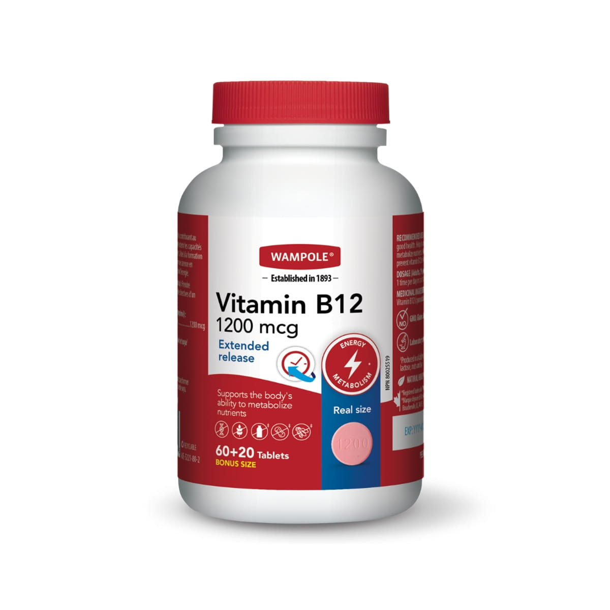 Product label for Wampole Vitamin B12 1200 mcg Extended Release Tablets (80 tablets) EN
