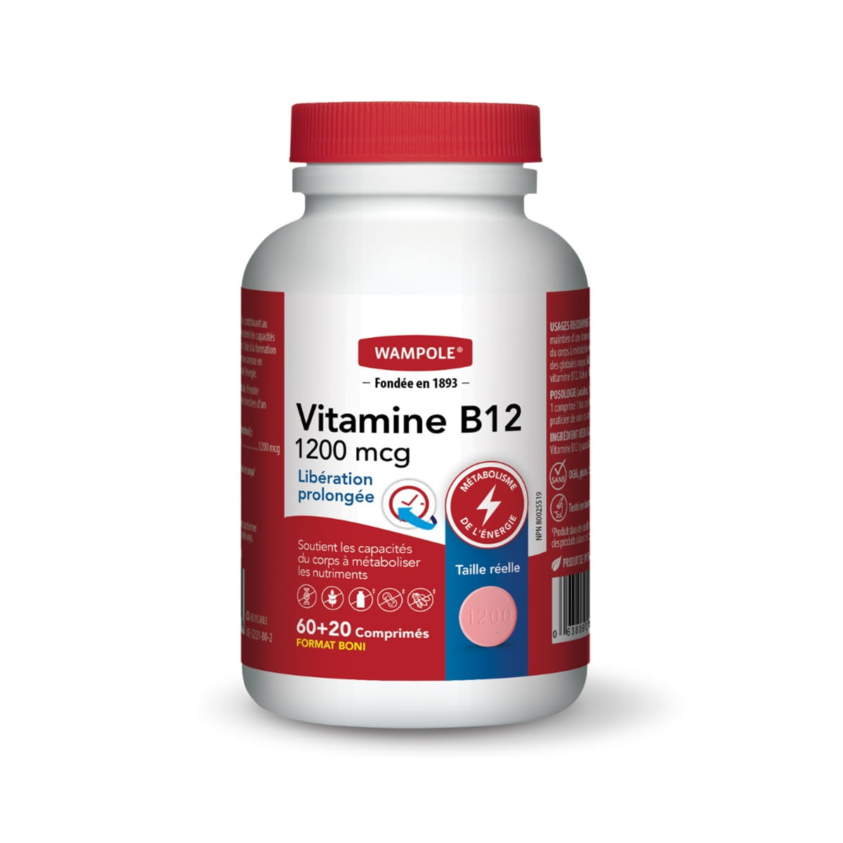 Product label for Wampole Vitamin B12 1200 mcg Extended Release Tablets (80 tablets) FR