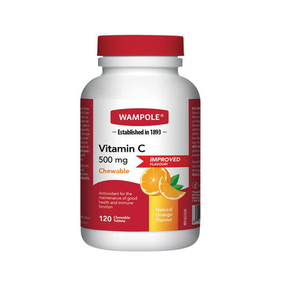 Product label for Wampole Vitamin C 500mg Orange Chewables (120 tablets) in English