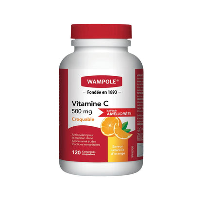 Product label for Wampole Vitamin C 500mg Orange Chewables (120 tablets) in French