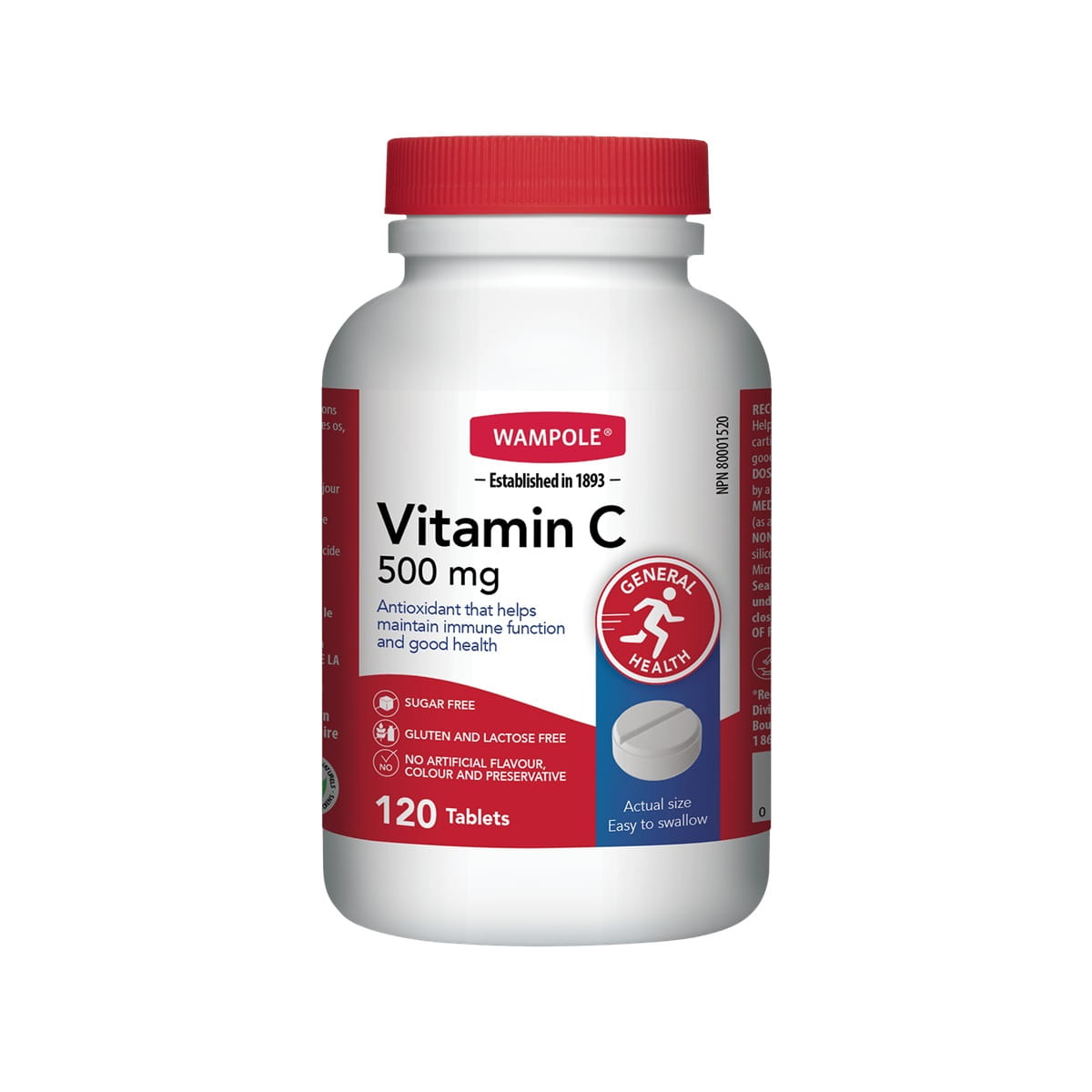 Product label for Wampole Vitamin C 500mg (120 tablets) in English