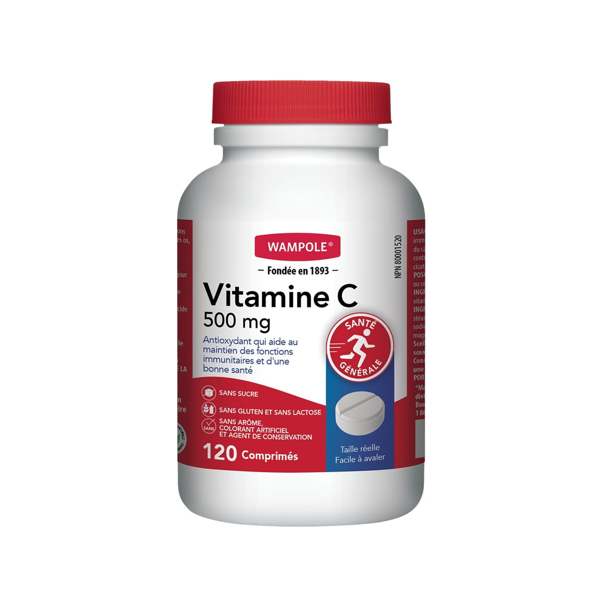Product label for Wampole Vitamin C 500mg (120 tablets) in French