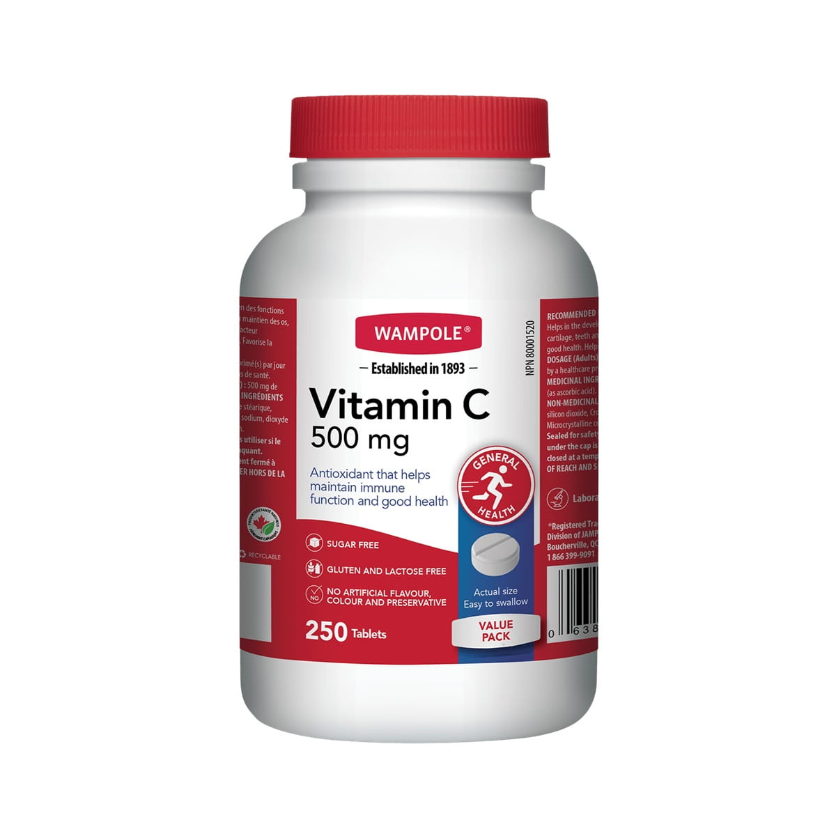 Product label for Wampole Vitamin C 500mg (250 tablets) EN