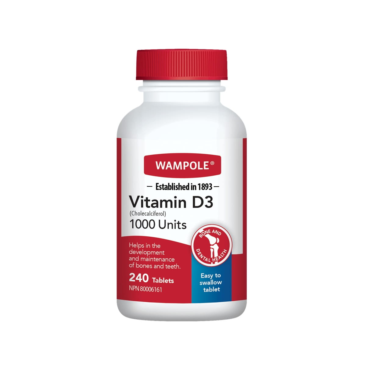 Product label for Wampole Vitamin D 1000 IU (240 tablets)