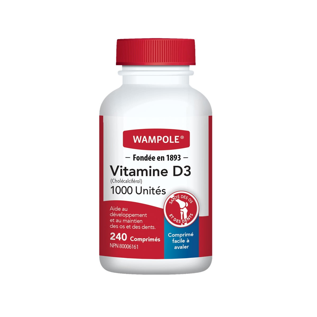 Product label for Wampole Vitamin D 1000 IU (240 tablets) in English