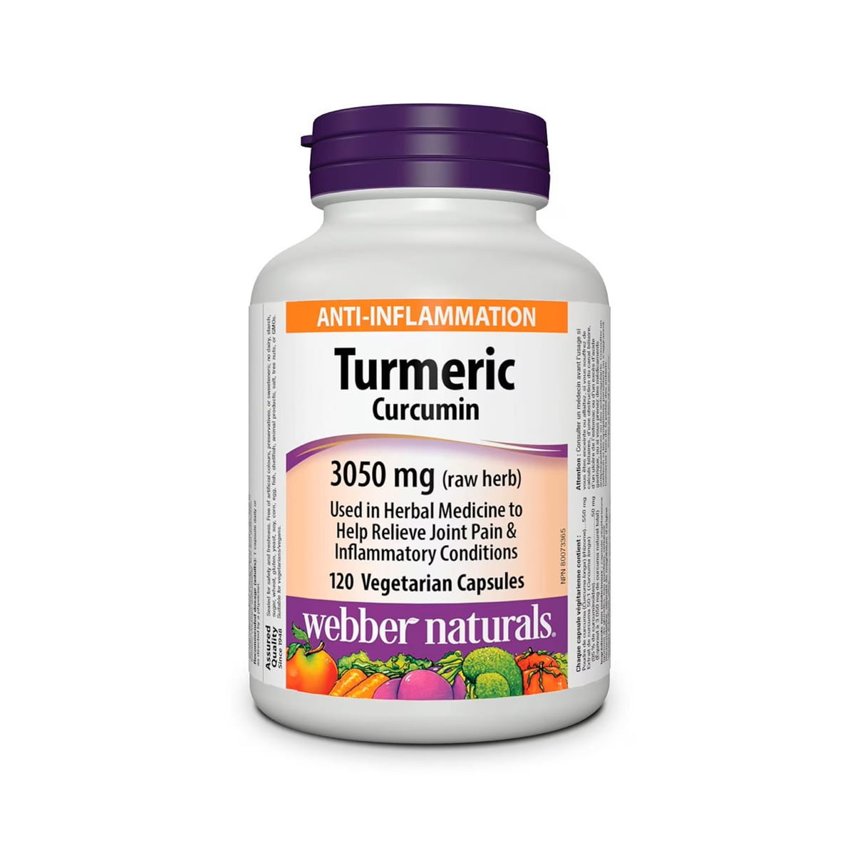 Product label for Webber Naturals Turmeric Curcumin 3050 mg (120 capsules) in English