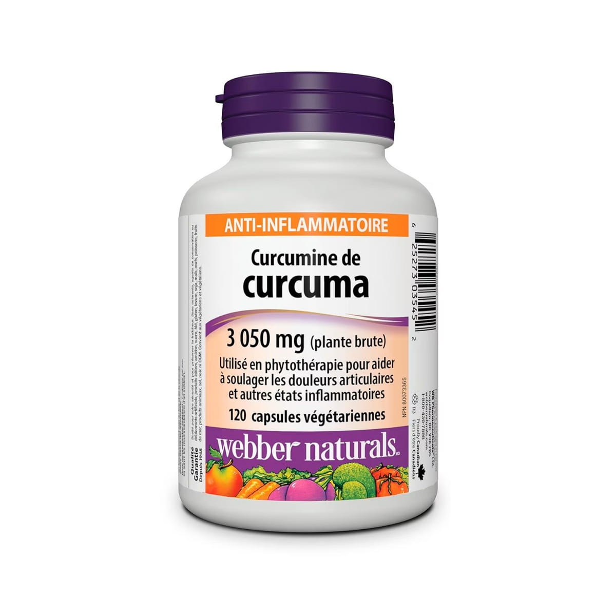 Product label for Webber Naturals Turmeric Curcumin 3050 mg (120 capsules) in French