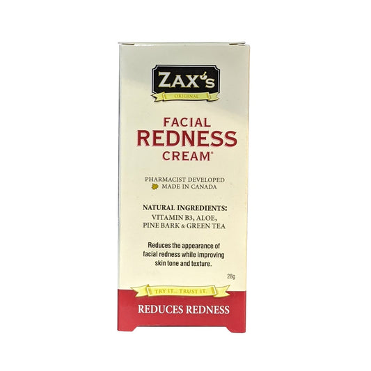 Product label for Zax's Original Facial Redness Cream (28 grams) in English