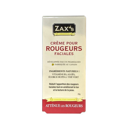 Product label for Zax's Original Facial Redness Cream (28 grams) in French