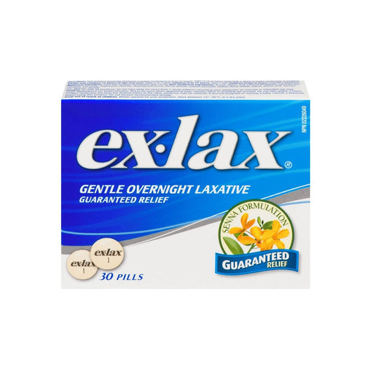 Product label for ex-lax Gentle Overnight Laxative Sennosides USP 15 mg (30 pills)