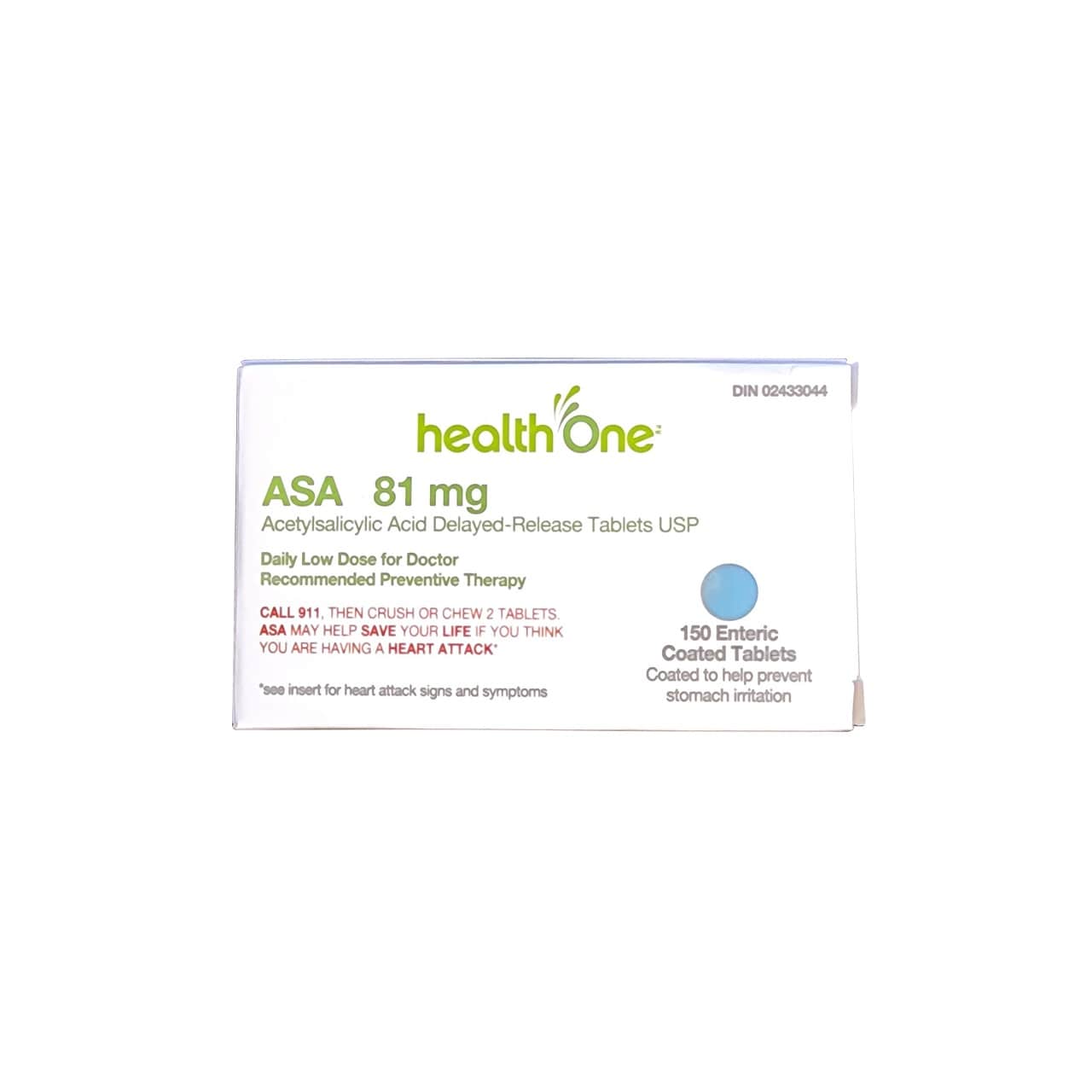 Product label for health One Acetylsalicylic Acid 81mg Low Dose Delayed Release Tablets (150 tablets) in English