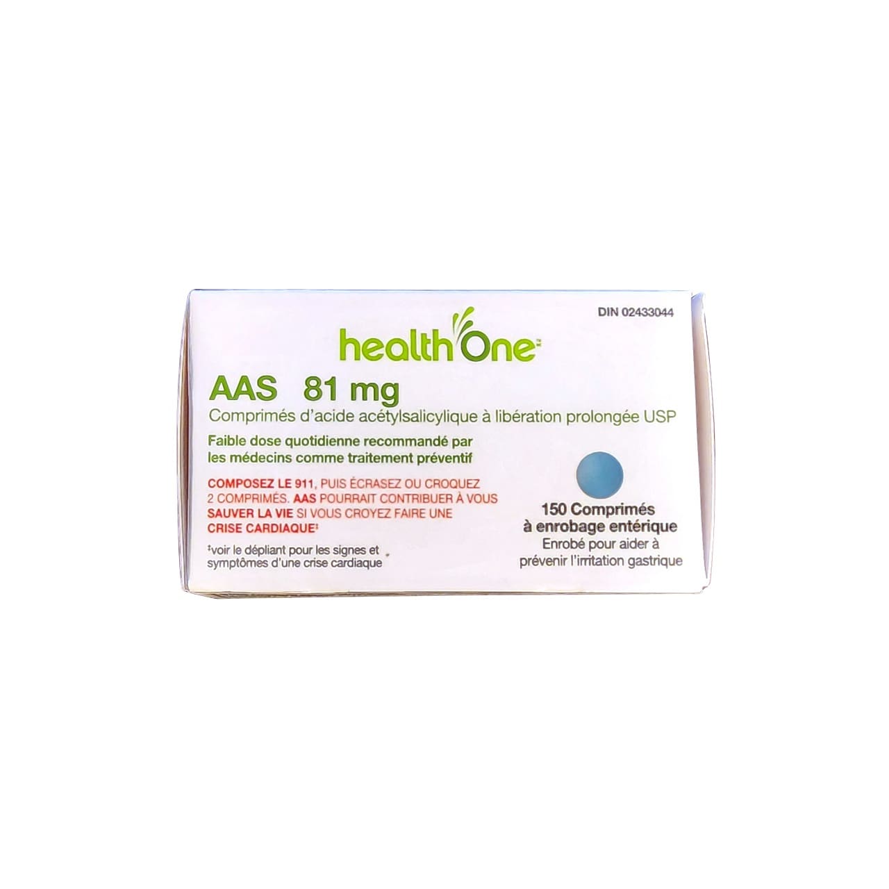 Product label for health One Acetylsalicylic Acid 81mg Low Dose Delayed Release Tablets (150 tablets) in French