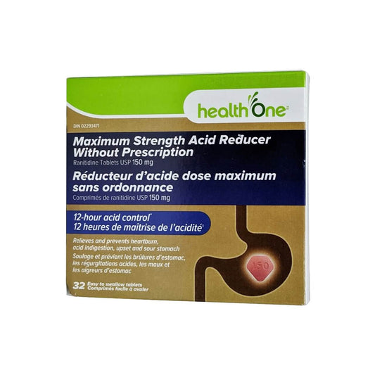 Product label for health One Acid Reducer Maximum Strength Ranitidine 150mg in French and English