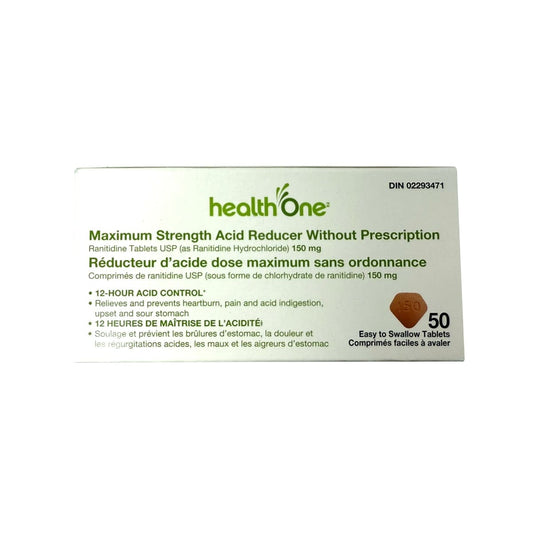 Product label for health One Acid Reducer Maximum Strength Ranitidine 150mg in French and English