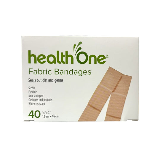Product label for health One First Aid Fabric Bandages (1.9 cm x 7.6 cm) (40 bandages) in English