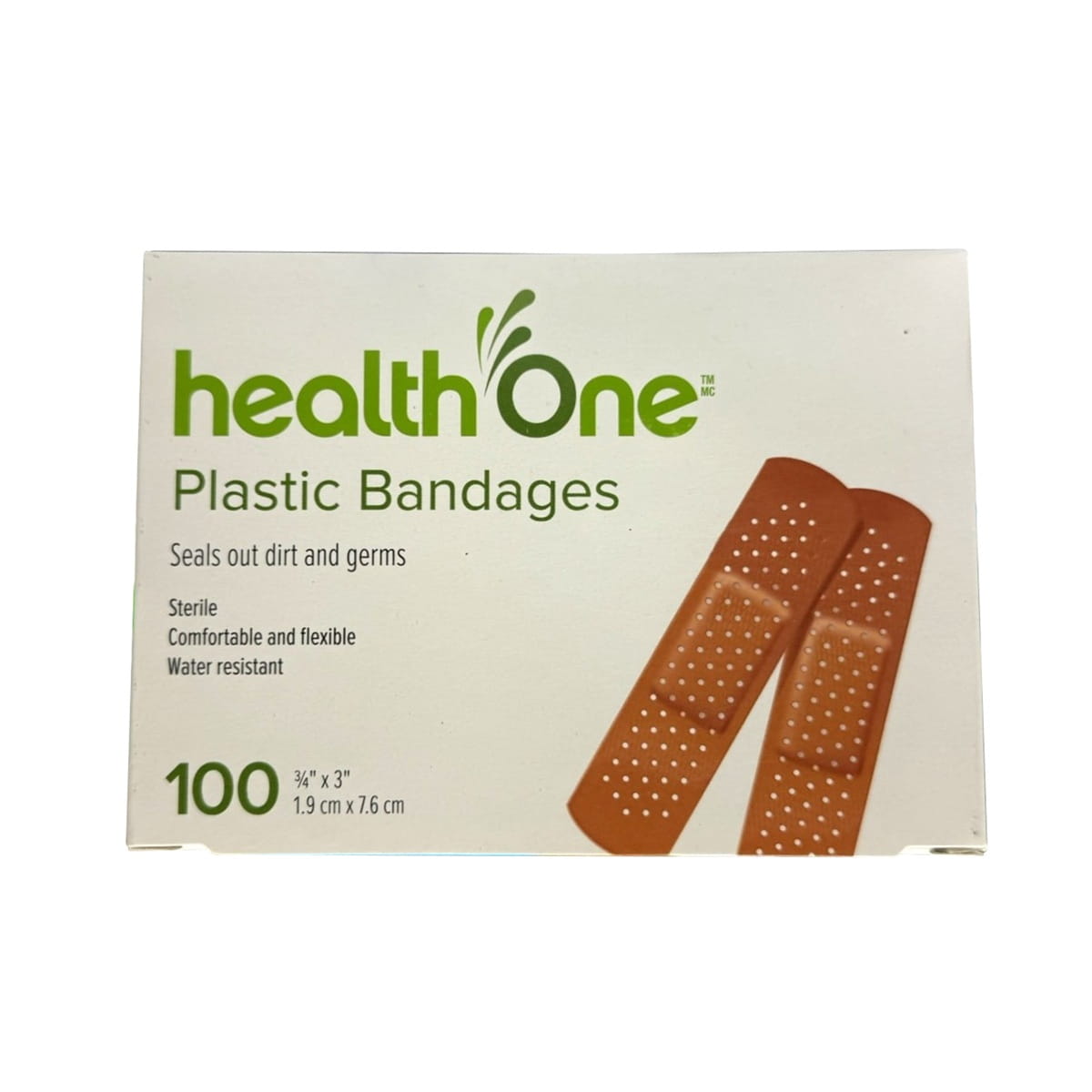 Product label for health One First Aid Plastic Bandages (1.9 cm x 7.6 cm) (100 bandages) in English