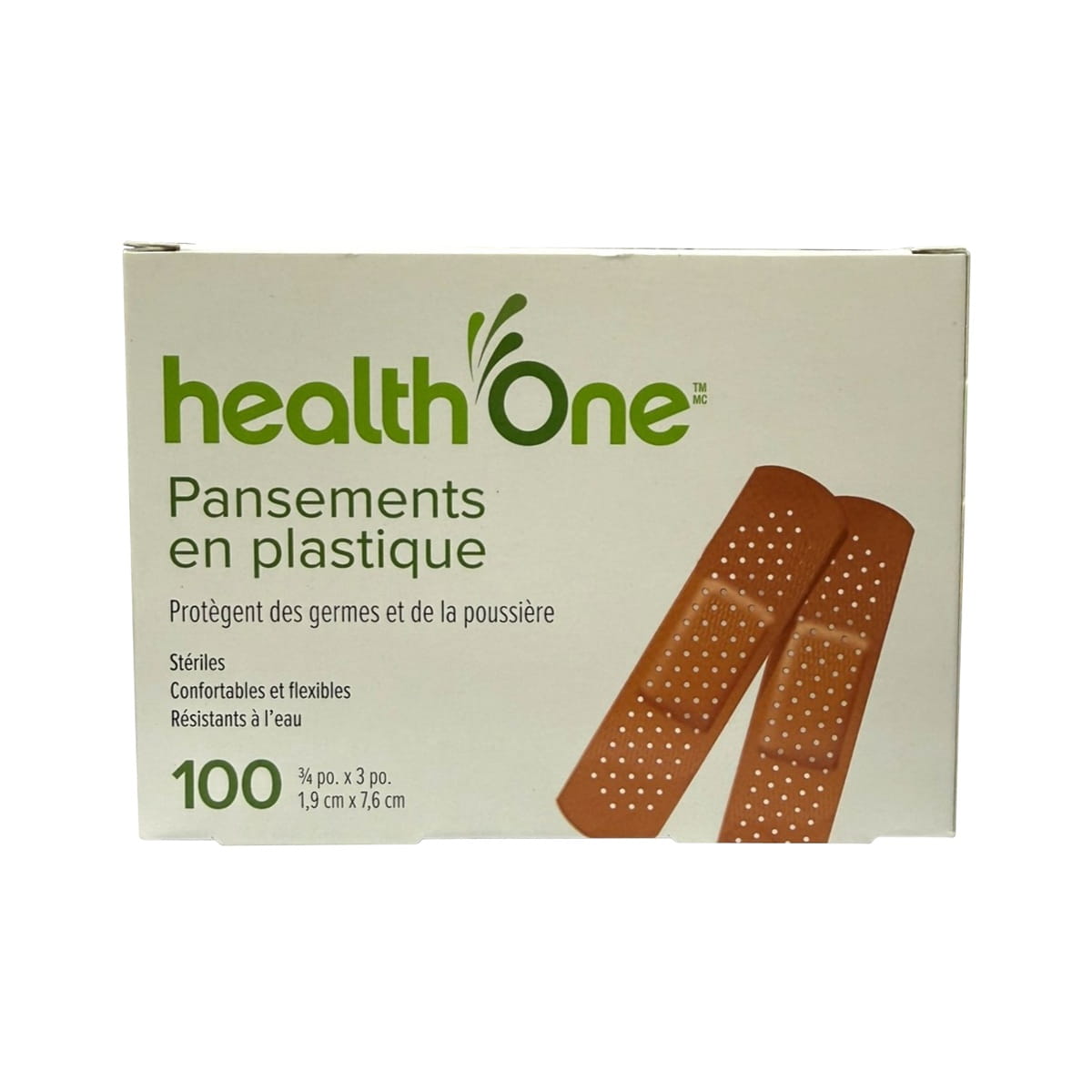 Product label for health One First Aid Plastic Bandages (1.9 cm x 7.6 cm) (100 bandages) in French