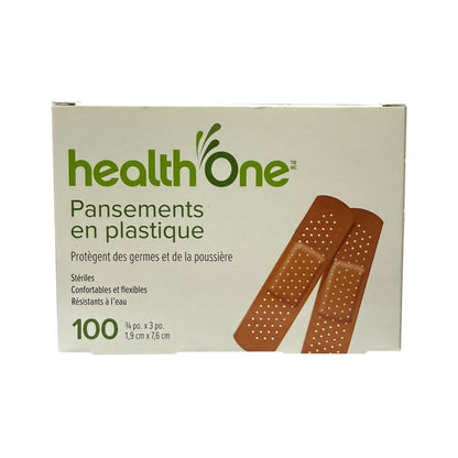Product label for health One First Aid Plastic Bandages (1.9 cm x 7.6 cm) (100 bandages) in French