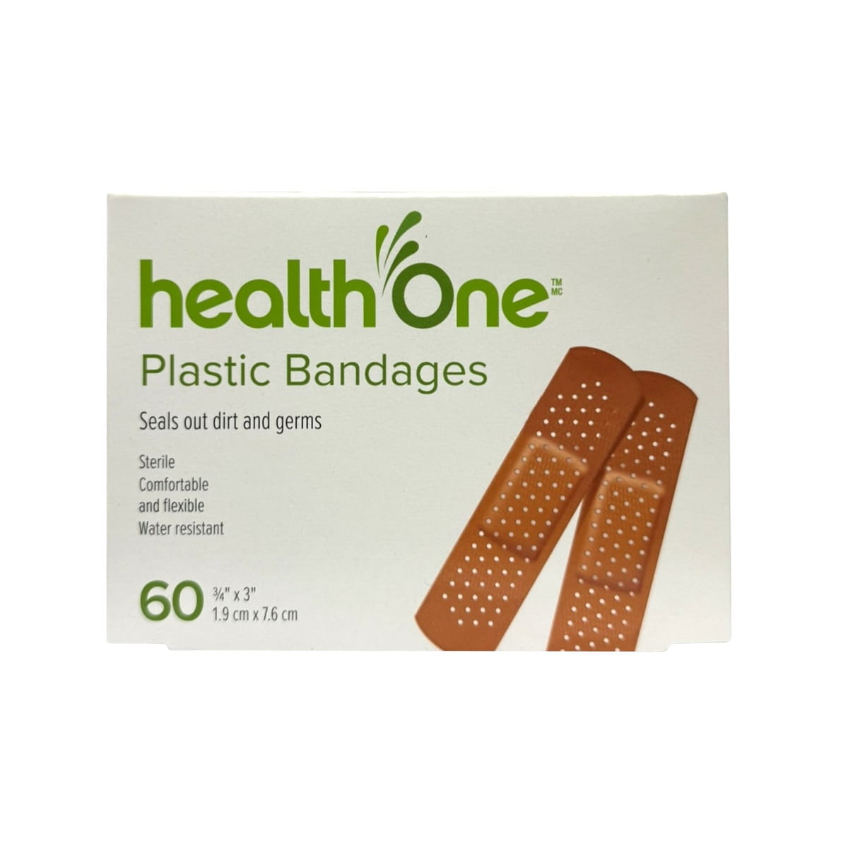Product label for health One First Aid Plastic Bandages (1.9 cm x 7.6 cm) (60 bandages) in English