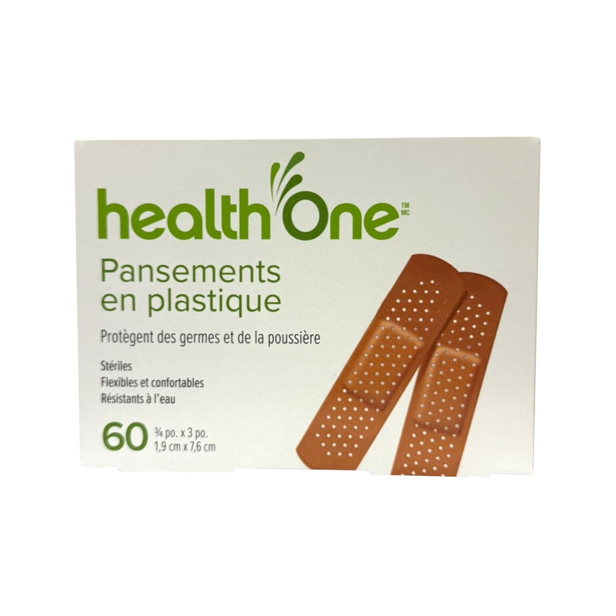 Product label for health One First Aid Plastic Bandages (1.9 cm x 7.6 cm) (60 bandages) in Frrench