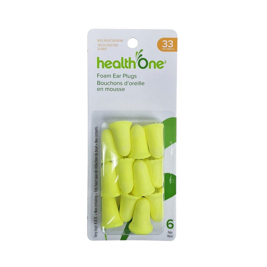 Product label for health One Foam Ear Plugs for Up to 33 Decibels (6 pairs)