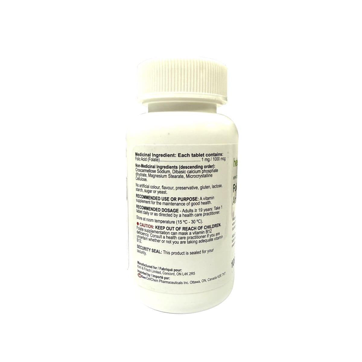 Ingredients, uses, directions, cautions for health One Folic Acid 1 mg (100 tablets) in English