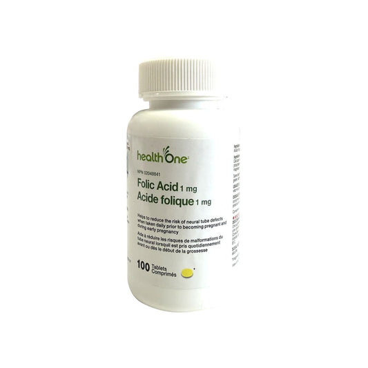 Product label for health One Folic Acid 1 mg (100 tablets)