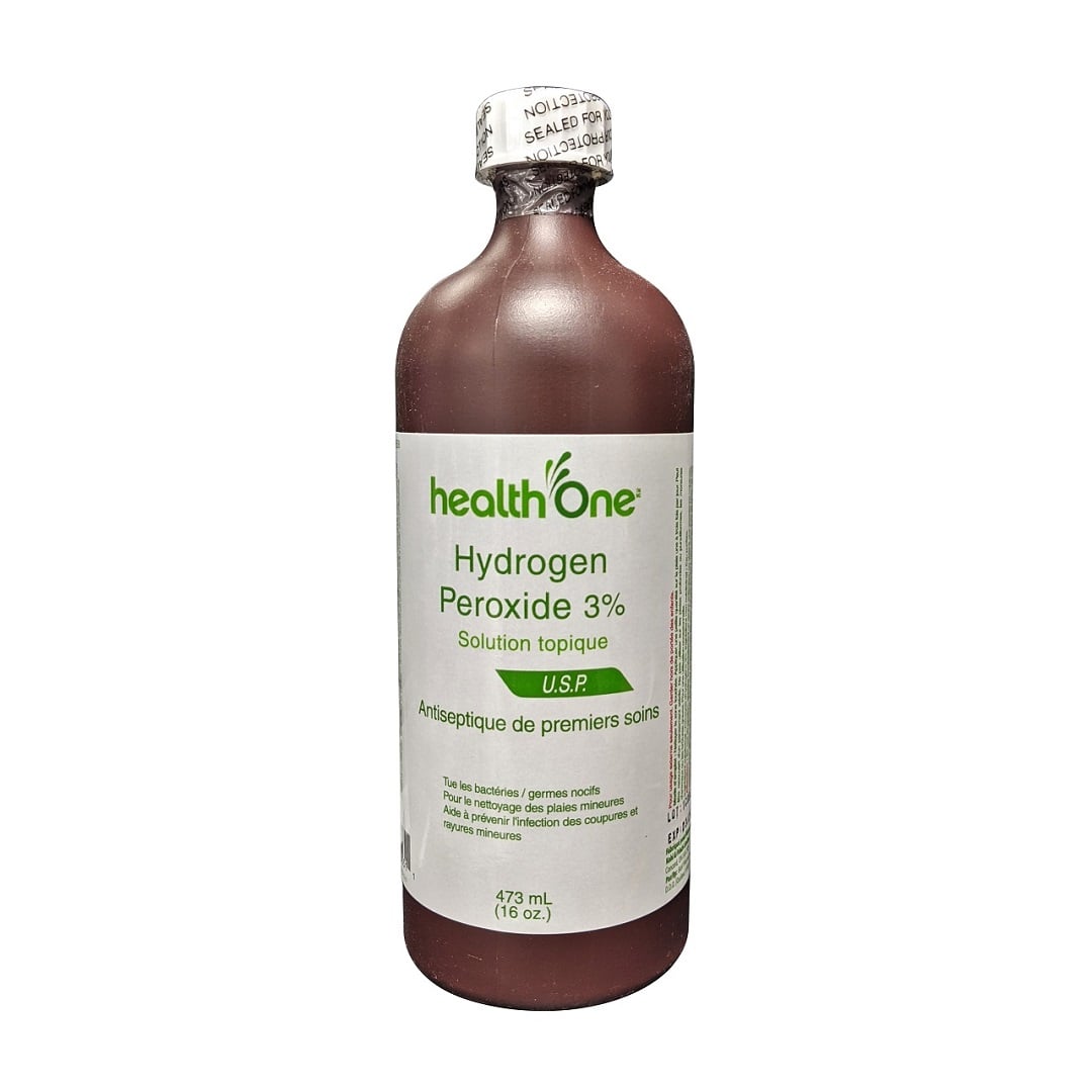 Product label for health One Hydrogen Peroxide 3% Topical Solution (473 mL) in French