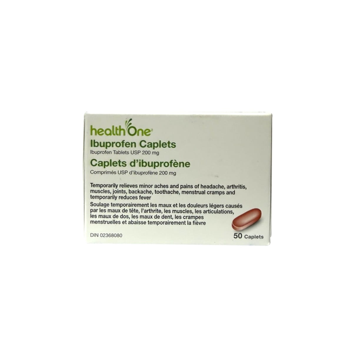 Product label for health One Ibuprofen 200 mg Caplets (50 caplets)