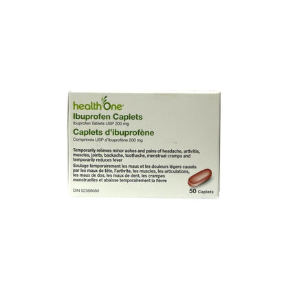 Product label for health One Ibuprofen 200 mg Caplets (50 caplets)